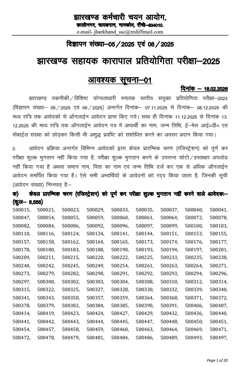 JSSC Assistant Jailor Exam Rejection List
